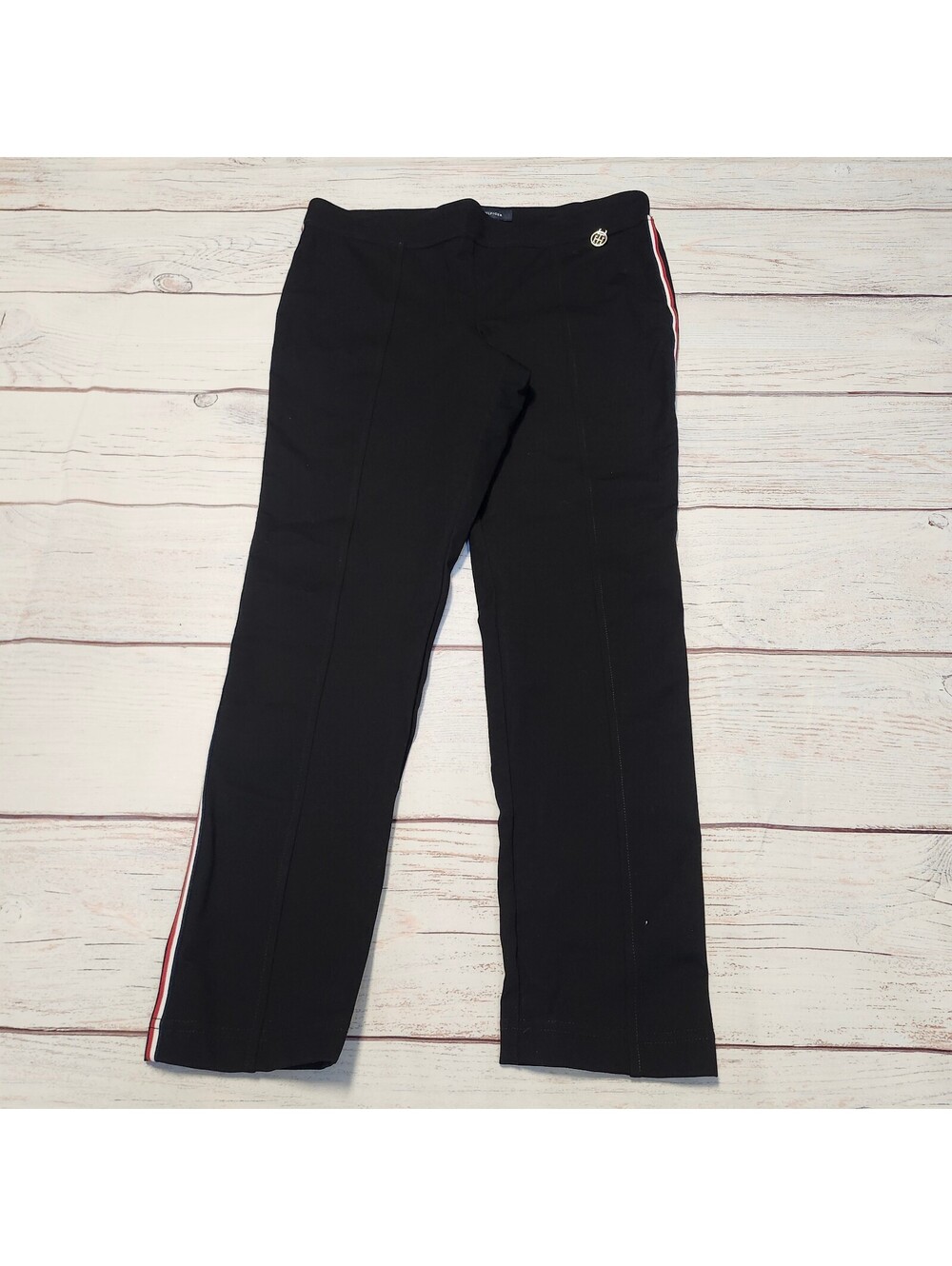 Tommy Hilfiger Women's Black Pants with Side Stripe Detail, Size L